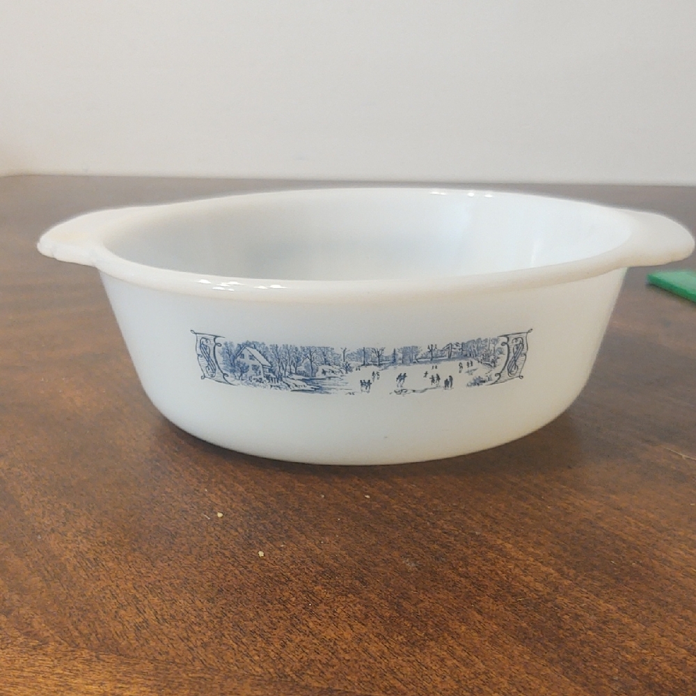Glasbake Casserole Dish With Currier And Ives Ice Skating Print